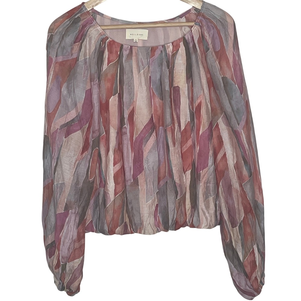 Mello Day Womens  Abstract Watercolor Blouse Mauve Pink Long Sleeve Scoop‎ Neck
